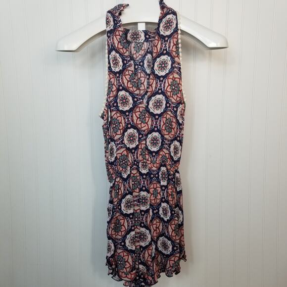 Aqua Floral Circle Pattern V-Neck Romper XS - Picture 2 of 7